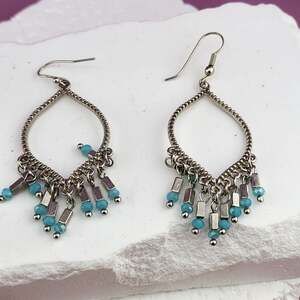 Teal Bead Silver Tone Teardrop Chandelier Earrings Fringe Boho Statement Pair